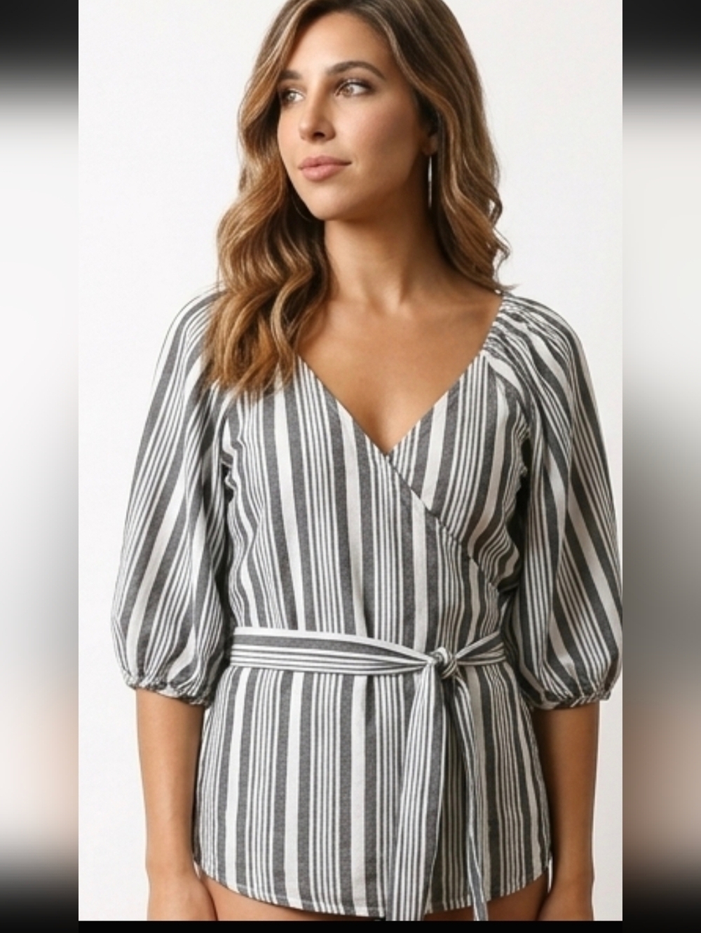 Old Navy Gray White Stripe True Wrap Top Blouse Sz L
